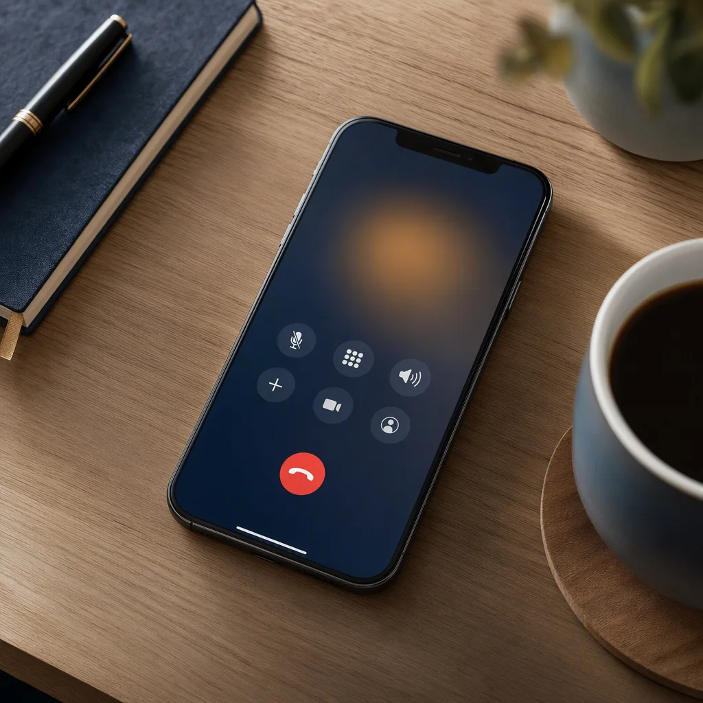 A phone on a desk with a call in progress