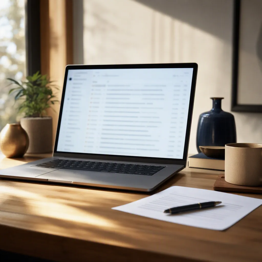 A laptop and a printed one-page summary on a desk
