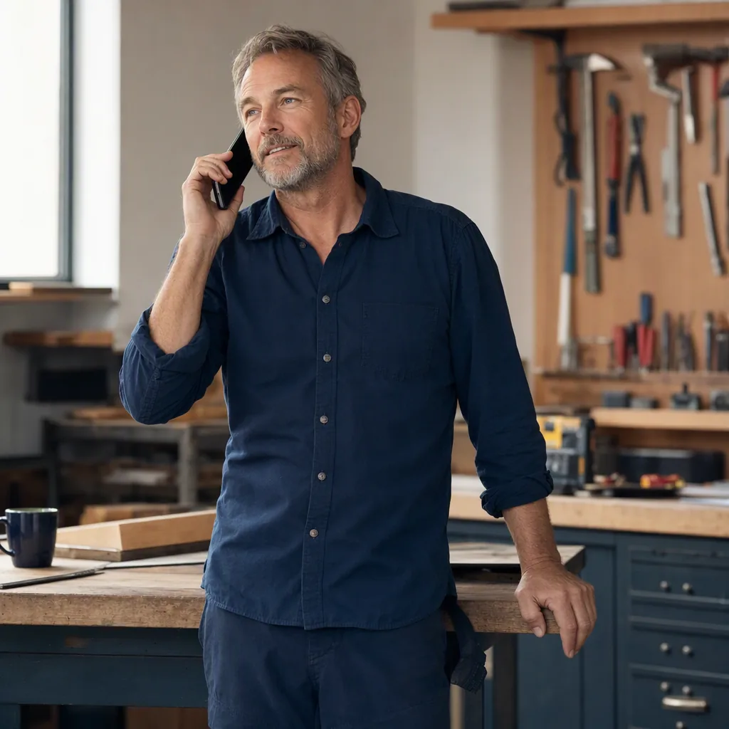 A business owner talking on the phone in his workshop